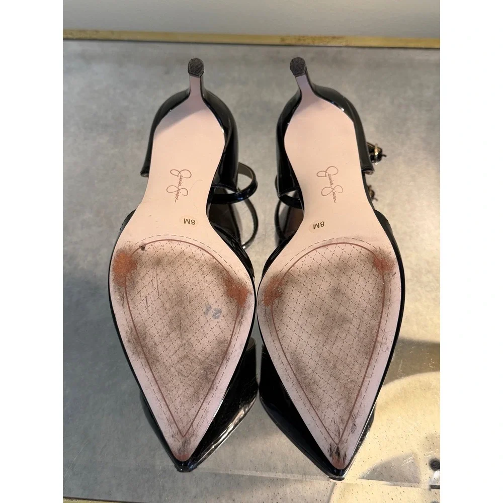 Jessica Simpson Shulla 8M Black Patent Pointed Toe Ankle Strap Stiletto Pumps
